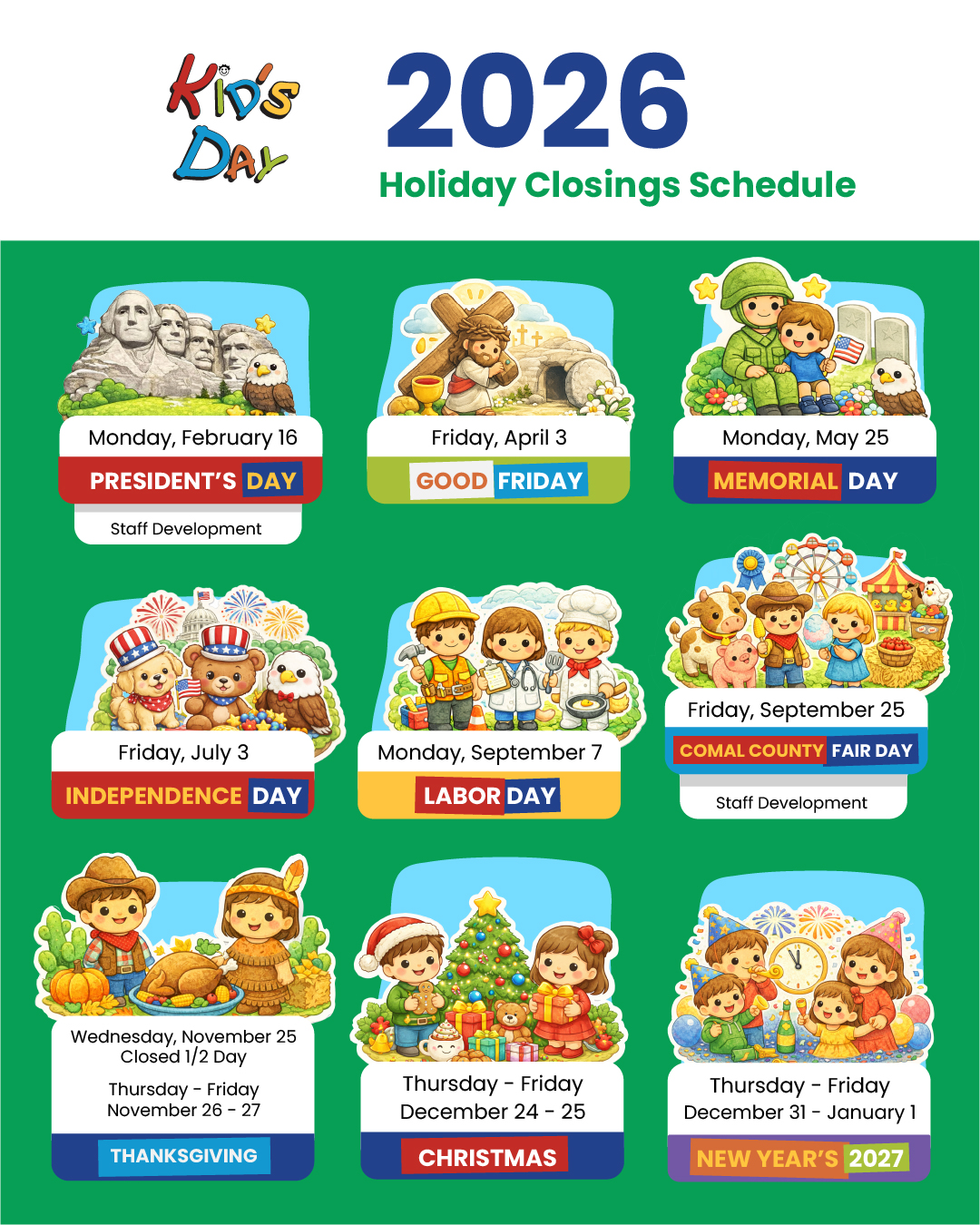 holidays yearly calendar 2026 kids day daycare bulverde day care preschool texas 