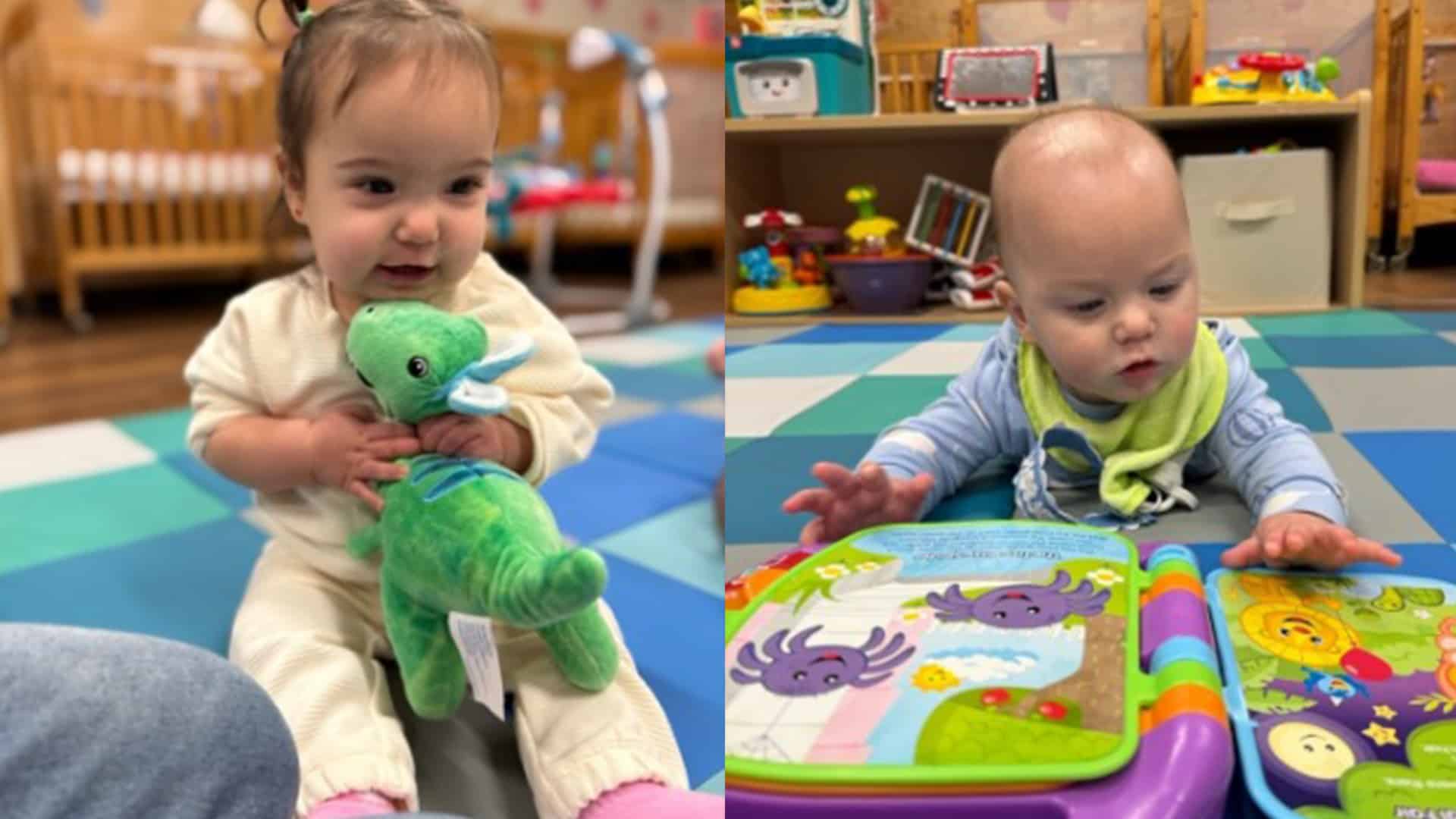 Infant smiling and engaging in early sensory and developmental activities at a daycare center